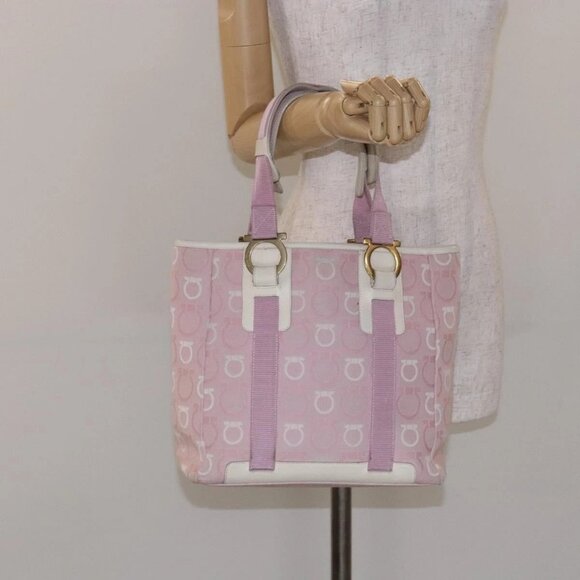 Salvatore Ferragamo Gancini Tote Bag Canvas Pink Gold Auth - Picture 1 of 16